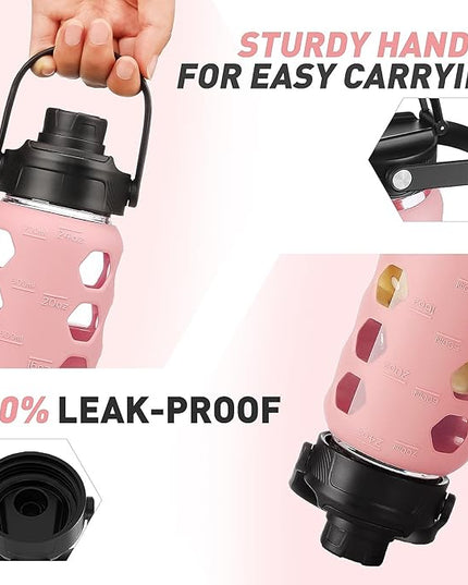 MUKOKO Glass Water Bottles, 24oz Glass Tumbler with Straw, Drinking Bottles with 2 Lids-Handle Spout Lid&Bamboo Straw Lid, Motivational Water Bottle with Time Marker and Silicone Sleeve, 1 Pack-Pink