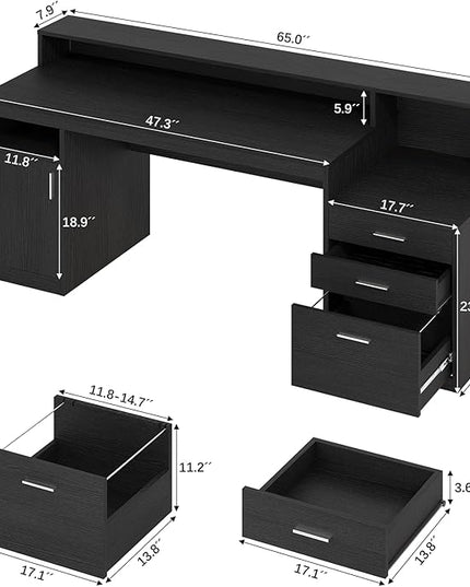 Computer Desk with 3 Drawer & Storage Shelves, Home Office Desk with File Drawer & Cabinet, Writing Study Table with Long Monitor Stand & Printer Shelf, Executive Desk, Black