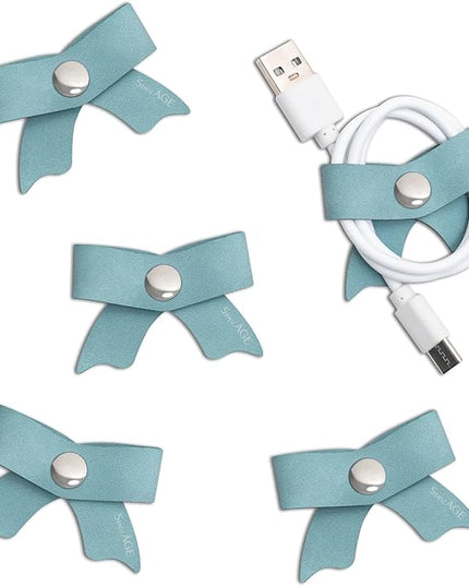 SenseAGE 5 Pack Cord Organizer, Bow Cord Keeper, Cable Organizer USB holder, Leather Cable Management, Cable Straps, Earphone winder, Storage Straps for Electronics, Earbuds (Baby Blue, Small)