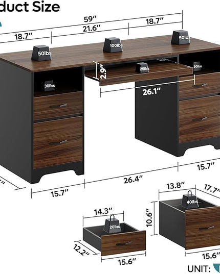 Bestier 59” Computer Desk with 4 Drawers, Office Desk with Storage, Industrial Executive Desk with File Drawer, Keyboard Tray & 2 Pedestals for Home Office & Studio, Cherry