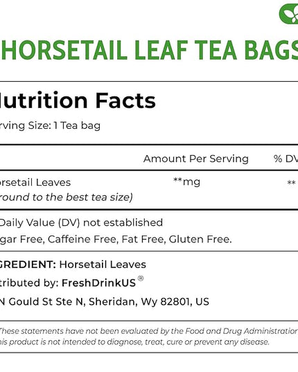 FreshDrinkUS, Premium 75 Horsetail Leaf Tea Bags, 100% Natural & Pure from Horsetail Loose Leaves Herbal Tea. Made with Natural Material Tea Bags. No Sugar, No Caffeine, No Gluten, Vegan.
