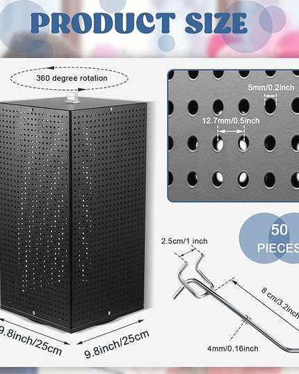 Geelin Metal Pegboard Display with Pegboard Hooks, 9.8 x 9.8 x 20.5 In Rotating Display Stand Display Racks for Craft Shows Pegboard Organizer with Peg Hooks for Jewelry Organizing Retail (Black)
