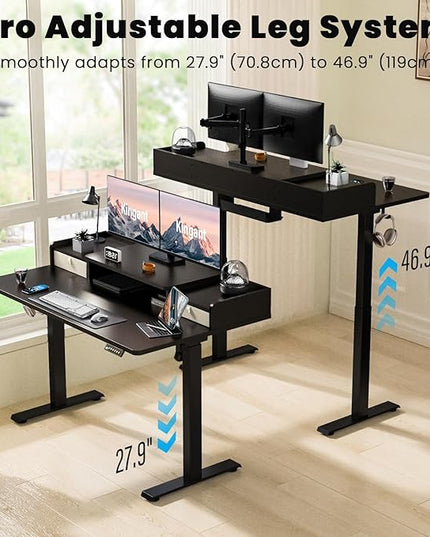 Kingant 63 x 30 Inch Standing Desk with Drawers, Adjustable Height Electric Sit Stand Desk with Storage Shelf, Rising Stand Up Computer Desk for Home Office Workstation, 3 Preset Heights(Black)