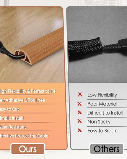 Floor Cord Cover for Wires on Floor Self Adhesive Cord Hider Floor Cable Management Wire Covers for Cords Protector Prevent Cable Trips Cord Cavity W 0.32" x H 0.32", Brown Wood, 10Ft