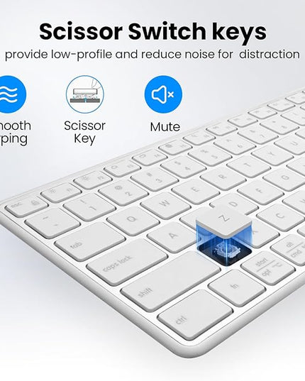 Bnnwa Wireless Bluetooth Keyboard Stainless Steel Multi-Device Full Size Keyboard with Numeric Keypad Low Profile Silent Cordless Keyboards Quiet Typing for Computer/Windows/PC/Laptop(Silver White)