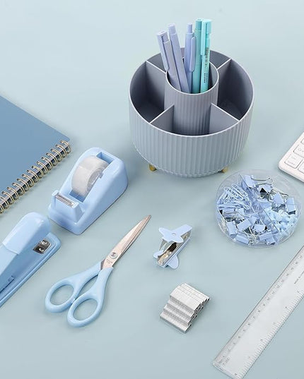 SKYDUE Desk Organizers and Accessories 10Pcs, 360-Degree Rotating Pen Holder, Stapler, Staple Remover, Tape Dispenser,2pcs Tape Refills, Binder Paper Clips Kit, Scissor (Blue)