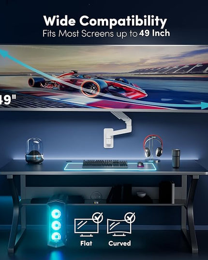 Monitor Wall Mount for 17-49 Inch Ultrawide Monitors, Single Monitor Arm Holds 4.4-44 lbs Screens, Adjustable Premium Aluminum Wall Mount with Max VESA 100x100 for Samsung Odyssey G9 and More, White