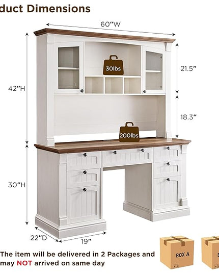 OKD 60" Executive Desk with Hutch and Drawers, Farmhouse Home Office Desk with Charging Station, Keyboard Tray, File Cabinet Storage, Wood Computer Desk for Work and Study, Antique White
