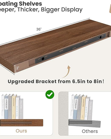 Heimlove 12" Deep Floating Shelves, 36 x 12 Inch Wall Mounted Long Floating Shelf with Invisible Brackets, for Home Decor, Bedroom, Kitchen, Living Room, Bathroom - 2 Pack, Walnut