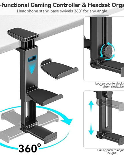 Controller Holder & Headphone Stand Under Desk with Adjustable Clamp, Controller Stand & Headset hanger for Desk Mount with 360° Rotating Hook & Cable Organizer 3-in-1 Game Organizer, PC Game Headsets