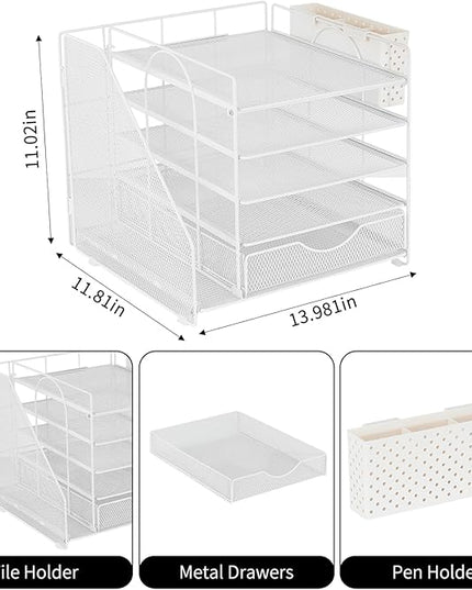OUTIOE Desk Organizer with Drawer and Pen Holder, 5-Tier Paper Letter Tray Organizer with File Holder, Suitable for Workspace Organizer Office Supplies Storage (White)