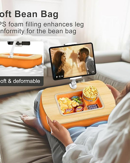 Tablet Pillow Stand for Lap Use with Snack Bowl and 360° Rotating Arm, Adjustable iPad Holder for Bed, Couch, and Recliner, Compatible with 4.7"-13" Kindle, iPad, Tablet, Phone,Orange