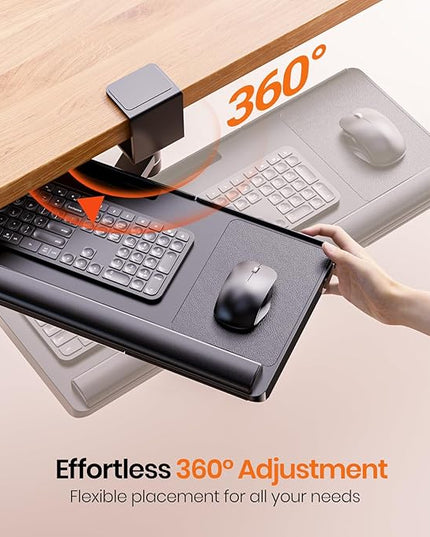 Klearlook Keyboard Tray Under Desk with 360° Rotation, Ergonomic Computer Keyboard & Mouse Tray 25"W×11.02"D Sit Stand Desk Keyboard Holder w/Wrist Rest & Storage Drawer (Height is not Adjustable)