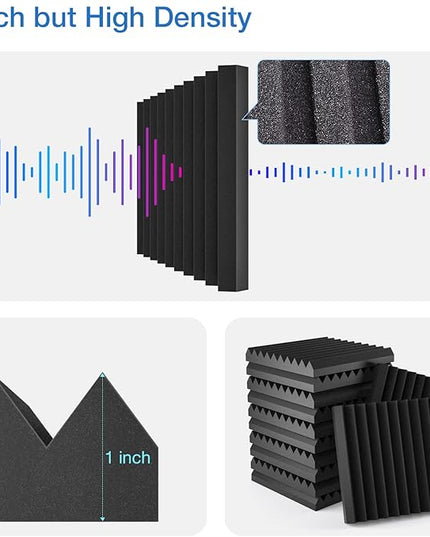 52 pack Acoustic Panels Self-Adhesive, 1" X 12" X 12" Quick-Recovery Sound Proof Foam Panels, Acoustic Foam Wedges High Density, Soundproof Wall Panels for Home Studio,black-01