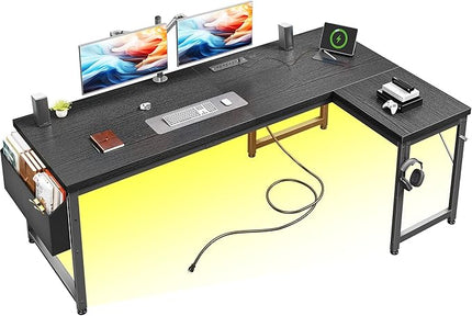 63 Inch Gaming Desk with Power Outlets & Storage Bag and LED Lights, L Shaped Desk with 0.95 Inch Thicker Desktop, Reversible Computer Desk for Home Office, Study Room, Living,Bedroom, Black
