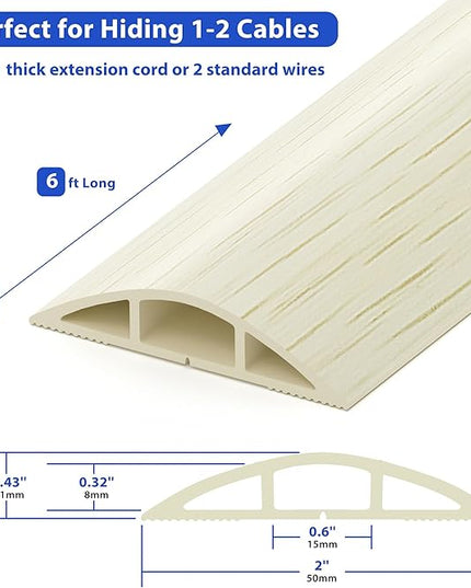 Floor Cord Cover 6ft, White Oak Wood Wire Hider Hide Extension Cords, Floor Cable Management Cover, PVC Cable Protector Cord Cavity W0.6in x H0.32in