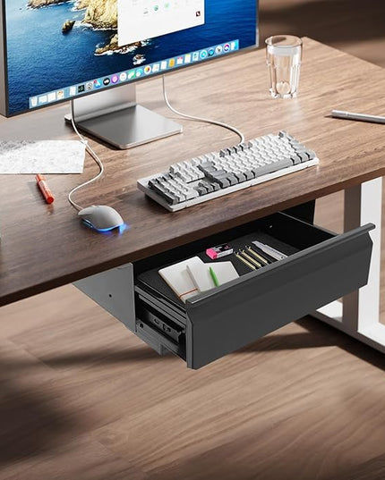 LEYSRIS 17.5" Under Desk Storage Drawer with Built-In Power Strip, Black Sliding Pull-Out Drawer for Sit Stand Workstation