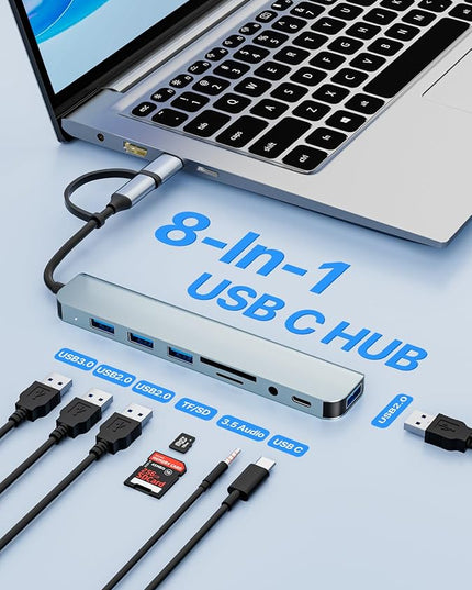 USB C/USB Hub Multiport Adapter,USB 3.0 Hub Aluminum 8 in 1 USB Splitter with SD/TF Card Reader,1 x USB 3.0, 3 x USB 2.0, 1 x USB C,and 3.5mm Audio Output for MacBook Pro Air,iPad Pro,Laptop
