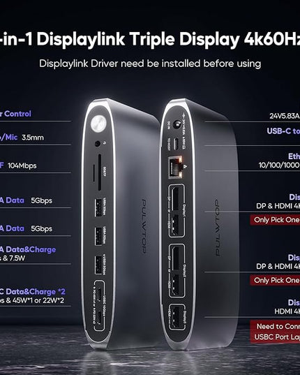 DisplayLink Docking Station Triple Monitor with 140W Power Adapter, PULWTOP 4K@60Hz Laptop Docking USB C Dock for MacBook M1/M2/M3, Windows, 3xHDMI, 2xDisplayPort,5xUSB C/USB A Data/Charging