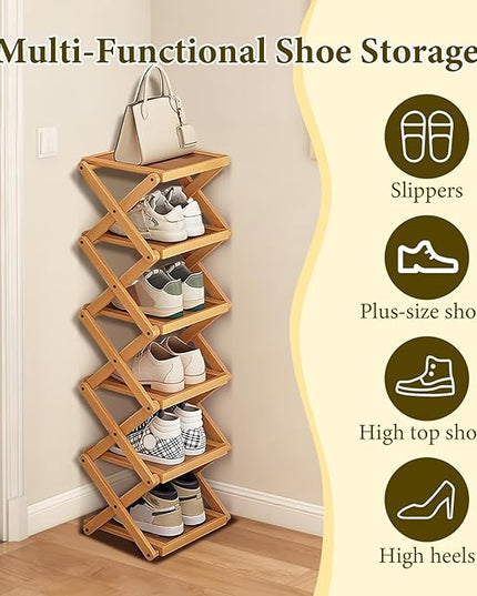 YYW Shoe Rack, Foldable Shoes Organizer Free Standing Shelf for Entryway, Closet, Hallway, Foldable X Shape Multi Tier Shoe Rack (Wood Color,6 Layers)