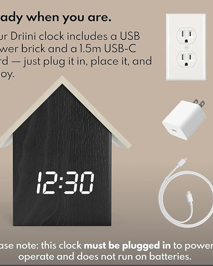 Driini Digital House Shaped Alarm Clock with Temperature Display (Dark Wood) – Modern Aesthetic with Cute Cube Frame and White LED Dimmer - Perfect Small Desk Clock for Bedside Table or Bedroom Mantle