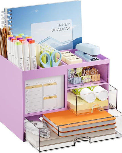 Marbrasse Desk Organizer with 3 Drawer, Multi-Functional Pencil Pen Holder, Desk Organizers and Accessories with 4 Compartments,Desktop Organizer Storage for Office Home Art Supplies (Purple)