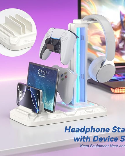 KDD Headset Stand with Charging Station - Detachable Controller Holder with 9 Light Modes - Rotatable Headphone Hanger with USB A&C Charger Ports - Earphone Hook for PC Gaming Accessories Storage