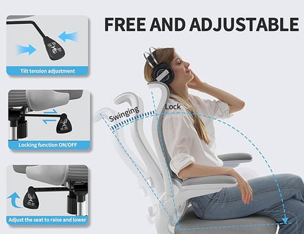 TRALT Ergonomic Office Chair - Desk Chair with Wave High Back Adjustable Lumbar Support Computer Chair - Gaming Chairs Mesh Backrest and PU Leather Seat for Home Reading Chairs to Adults(Grey)