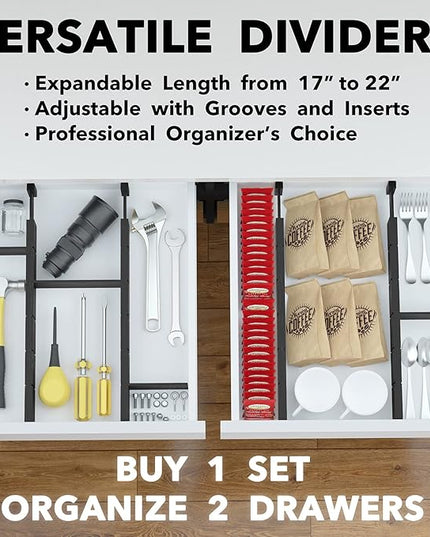 SpaceAid Bamboo Drawer Dividers with Inserts and Labels, Kitchen Adjustable Drawer Organizers, Expandable Organization for Home, Office, Dressers, 4 Dividers with 9 Inserts (17"-22" Black)