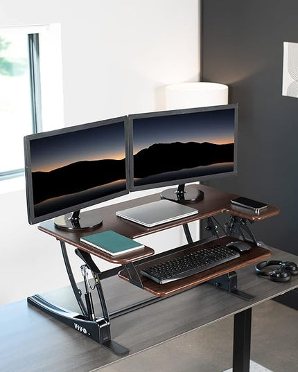 VIVO 36 inch Height Adjustable Stand Up Desk Converter, V Series, Quick Sit to Stand Tabletop Dual Monitor Riser Workstation, Dark Walnut Top, Black Frame, DESK-V000VD