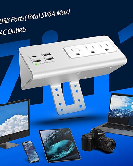Nightstand Edge Mount Power Strip with USB-C Ports Tabletop Surge Protector Desk Clamp Power Sockets with 3 AC Outlets &4 Fast Charging USB Ports for Home Office Hotel and Dormitory