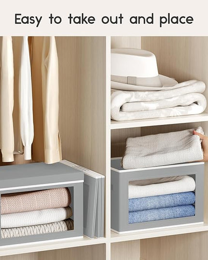 Collapsible Storage Bins with Lids - Stackable Storage Containers with Window, 15.7 Inch Fabric Organizing Bins for Closet, Home & Office Organization Baskets, Grey, 3 Pack