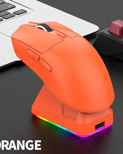 Lightweight Gaming Mouse, RGB Light 3 Mode Connection with 6 Adjustable DPI 800 12000, 7 Customizable Buttons, with Magnetic Charging Base (Orange)