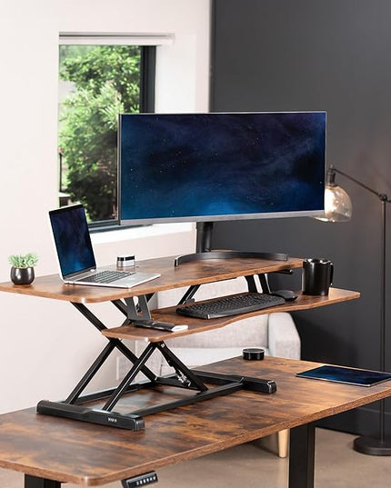 VIVO 48 inch Desk Converter, K Series, Height Adjustable Sit to Stand Riser, Dual Monitor and Laptop Workstation with Wide Keyboard Tray, Rustic Vintage Brown Top, Black Frame, DESK-V048KN