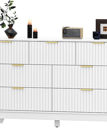 HUANLEGO Fluted Dresser for Bedroom with 7 Drawer, Mid Century Modern Chest of Drawers, 48" Wide Natural Wood Dresser for Closet, Wooden Boho Chest Closet Storage TV Stand for Bedroom, White