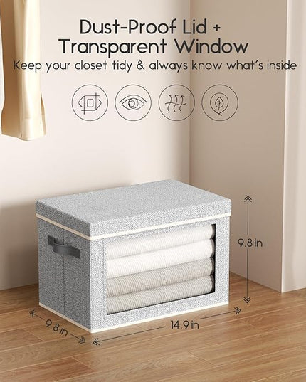 Collapsible Storage Bins with Lids - Stackable Storage Containers with Window, 3 Pack Fabric Bins for Closet, Home & Office Organization Baskets, Light Gray, 14.9" x 9.8" x 9.8"