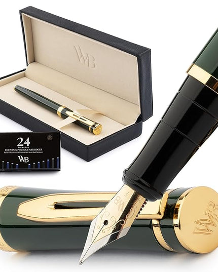 Wordsworth & Black Fountain Pen Set, 18K Gilded Fine Nib, Includes 24 Pack Ink Cartridges, Ink Refill Converter & Gift Box, Gold Finish, Calligraphy, [Racing Green], Perfect for Men & Women
