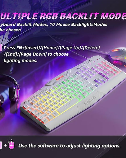 Redragon Updated Programmable Gaming Keyboard and Mouse, RGB Backlit Keyboard Mouse with Software, Independent Macro Record Keys, Value Combo Set, White - S101-3 PRO