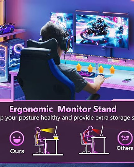AODK 59 Inch Gaming Desk with USB Charging Ports & LED Light- Reversible Computer Desk with Storage Shelves & Monitor Stand, Modern Gamer Desk Table with Fabric Drawers & Side Hook, Carbon Fiber Pink
