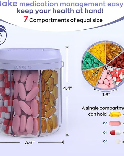 Pill Organizer with 7 Large Compartments, Pill Dispenser 4.4" H x 3.6" Dia for Travel, Supplement Organizer with Anti-Mixing Design, BPA-Free Pill Container with 20 Pcs Labels, Purple
