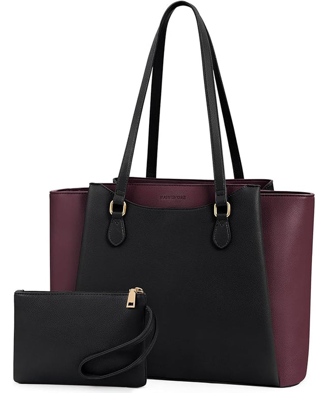 RAINSMORE Laptop Bag for Women 15.6 Inch Work Tote Bags Waterproof Computer Bags Leather Professional Laptop Purse Womens Laptop Briefcase Large Handbag for Office Teacher Travel, Black and Purple