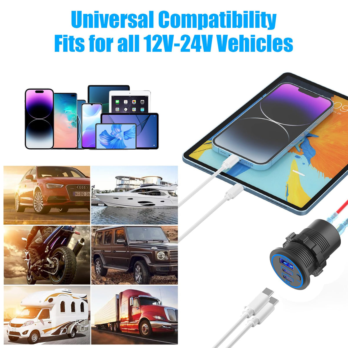 USB C Car Charger Socket 12V USB Outlet, 78W Dual 30W PD and 18W QC3.0 Multi Port Cylinder Charger with Button Switch Waterproof for Car Boat RV Marine Golf Cart Truck Bus Motorcycle etc.
