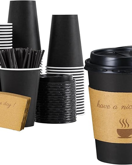 Lamosi 12 oz Disposable Coffee Cups with Lids 50 Pack, Hot Paper To Go Cups with Lids, Stir Sticks and Sleeves, for Home, Travel, Office