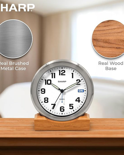 Sharp Silent Sweep Quartz Analog Desk Clock with Alarm Status Indicator on Dial, Brushed Metal Clock with Genuine Wood Stand, Great Gift for Home or Office