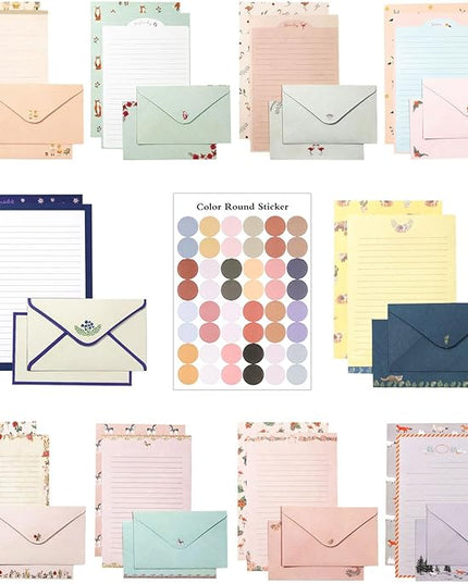 91 Pcs Stationery Paper Envelopes Set Includes 60 Lined Writing Paper & 30 Envelopes with 48 Colorful Round Dot Stickers, Cute Vintage Letter Writing and Stationery Paper Envelopes(10Style)