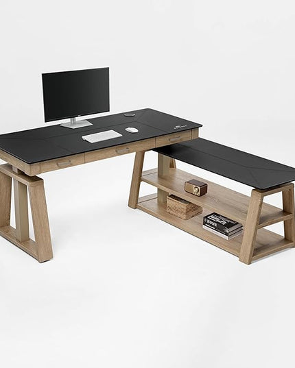 EUREKA ERGONOMIC L Shaped Standing Desk Ark EX, 60in Executive Adjustable Height Office Desk with Drawers,Computer Desk with Storage, Modern Executive Home Office,Oak Grey