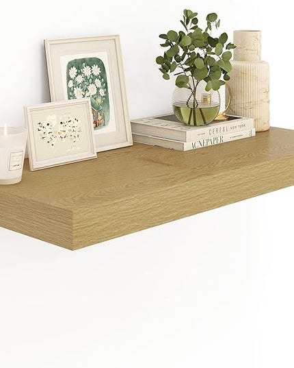 12" Deep Oak Floating Shelves,Over Toilet Long Wall Mounted Modern Farmhouse 36 inches,Wall Shelves with Invisible Brackets for Bedroom, Bathroom, Living Room, Kitchen, Set of 1