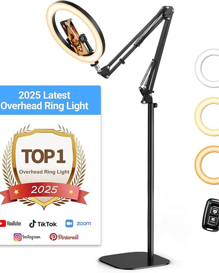 Latest Ring Light with Stand Tripod for iPhone, Overhead Phone Camera Mount with Light and Phone Holder Stand for Recording, 10” Selfie Light for Video,Streaming,Photography, Tiktok, YouTube