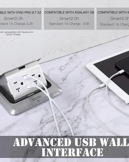 Hoolerry 8 Pack Pop up Floor Electrical Outlet Cover Box Kit with 4.8A USB Charger 20Amp Waterproof Weatherproof Floor Tamper Resistant Outlet Receptacle for Countertop Home (Silver)