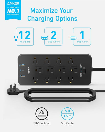 Anker Surge Protector Flat Plug Power Strip(2100J), 12 AC Outlets, 5feet Flat Extension Cord, 1USB C and 2 USB Ports for Multiple Devices, 20W Fast Charging for Home, Office, Dorm Essential, TUV